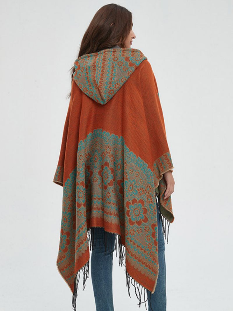 Verfraaide Bloemenponcho Met Capuchon Oversized Damescape Franjes - Geel