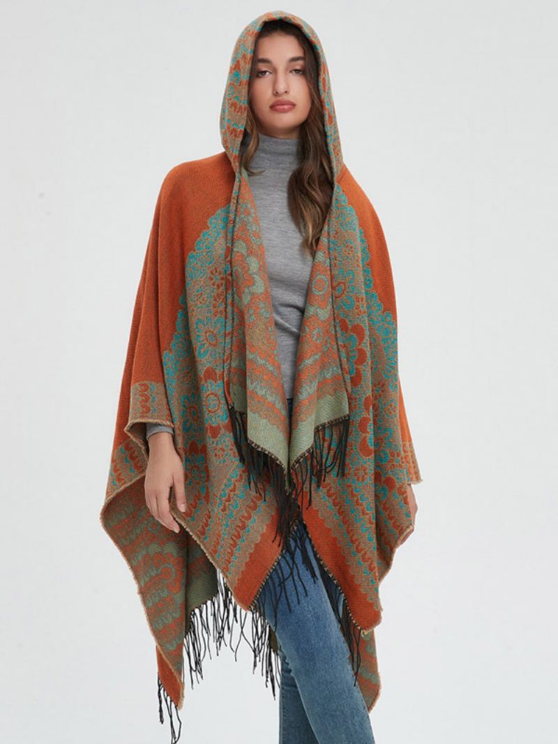 Verfraaide Bloemenponcho Met Capuchon Oversized Damescape Franjes - Geel