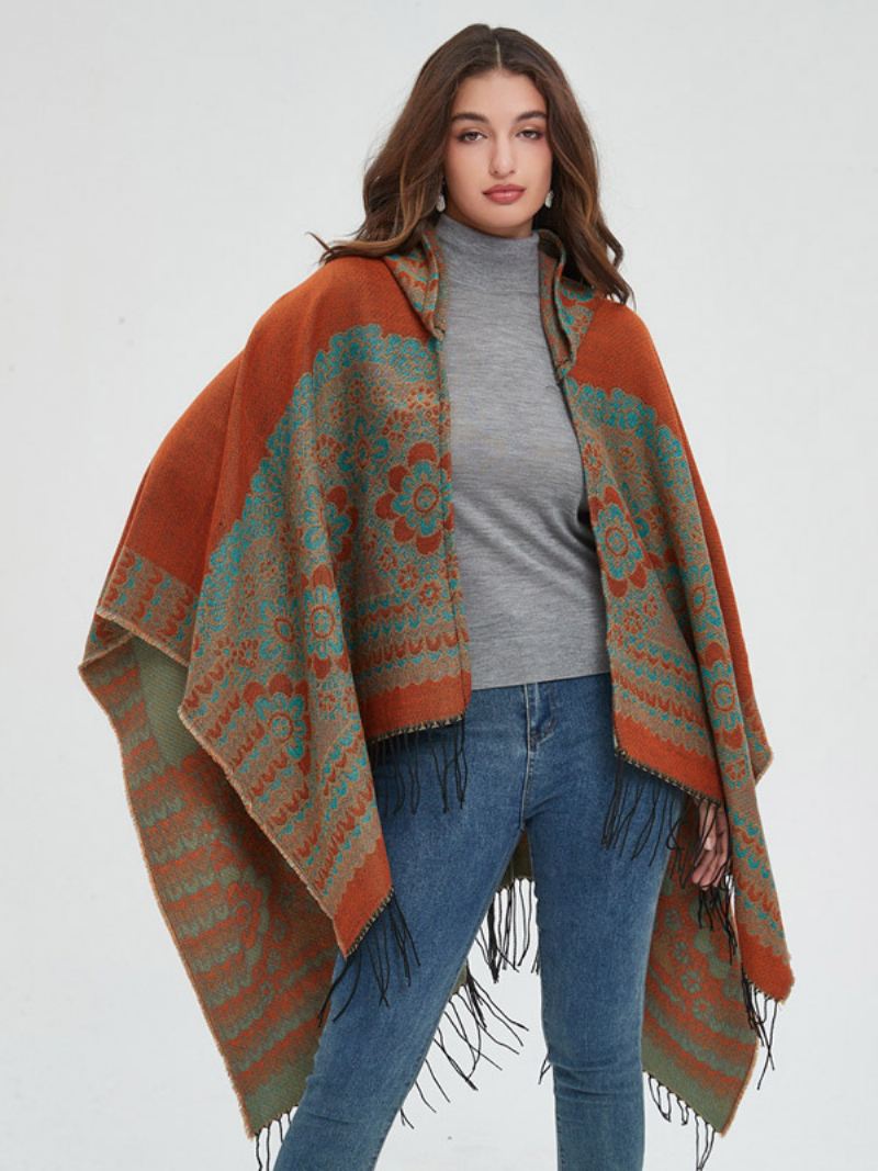 Verfraaide Bloemenponcho Met Capuchon Oversized Damescape Franjes - Geel