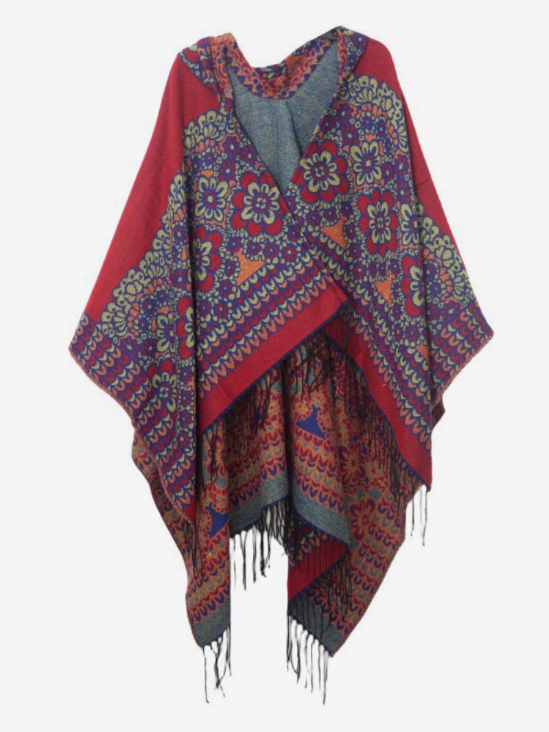 Verfraaide Bloemenponcho Met Capuchon Oversized Damescape Franjes - Rood