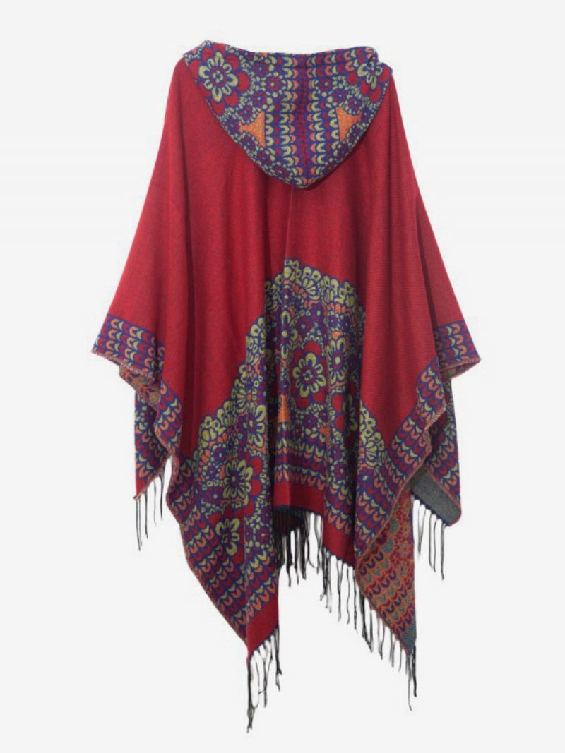 Verfraaide Bloemenponcho Met Capuchon Oversized Damescape Franjes - Rood