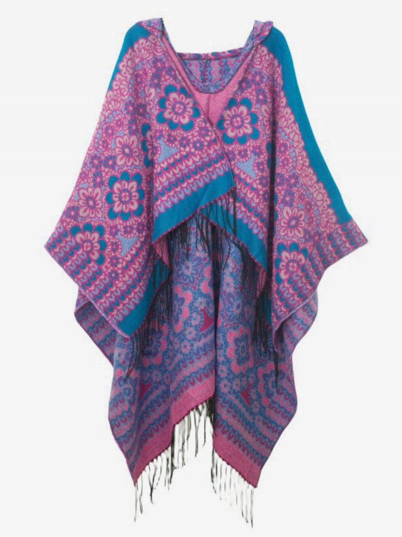 Verfraaide Bloemenponcho Met Capuchon Oversized Damescape Franjes - Blauw