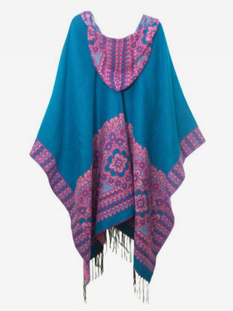 Verfraaide Bloemenponcho Met Capuchon Oversized Damescape Franjes - Blauw