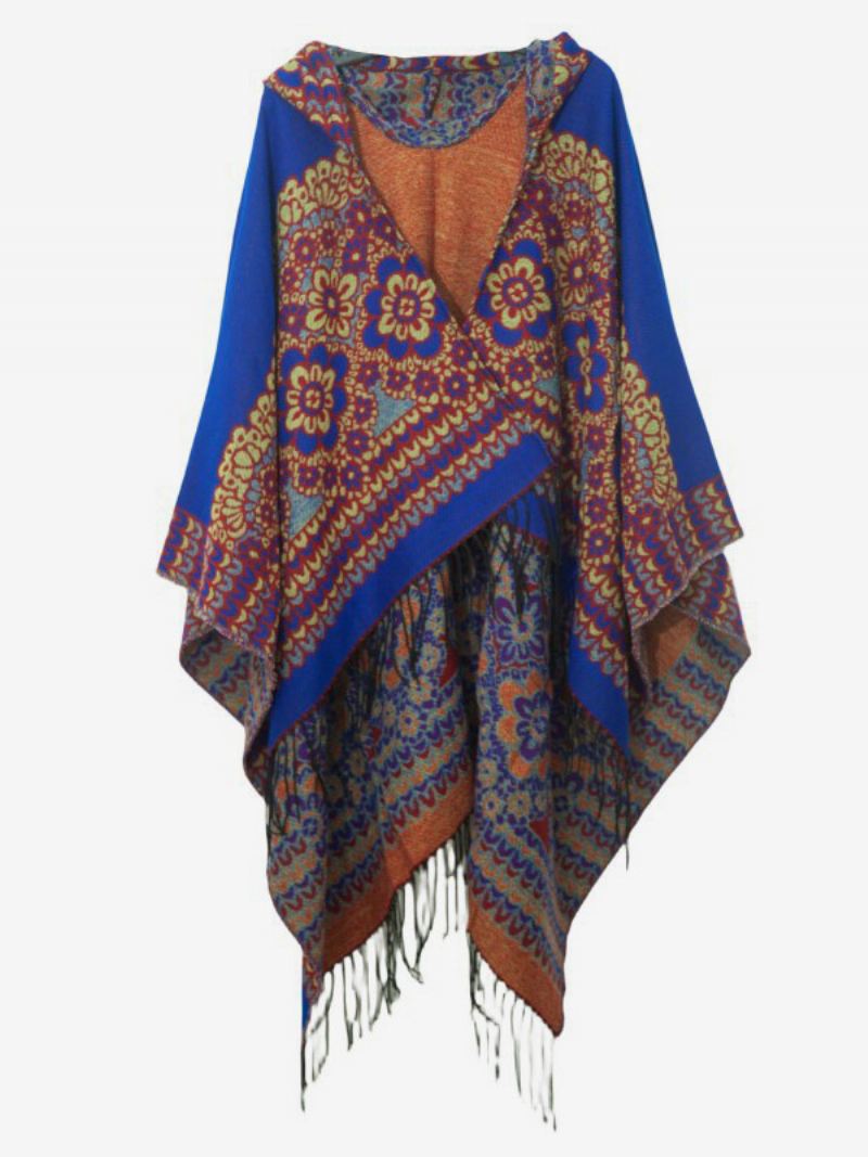 Verfraaide Bloemenponcho Met Capuchon Oversized Damescape Franjes - Koningsblauw