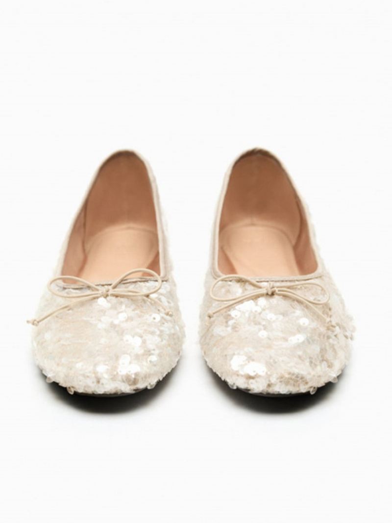 Ballerina Platte Feestschoenen Dames Met Pailletten Ronde Neus - Beige