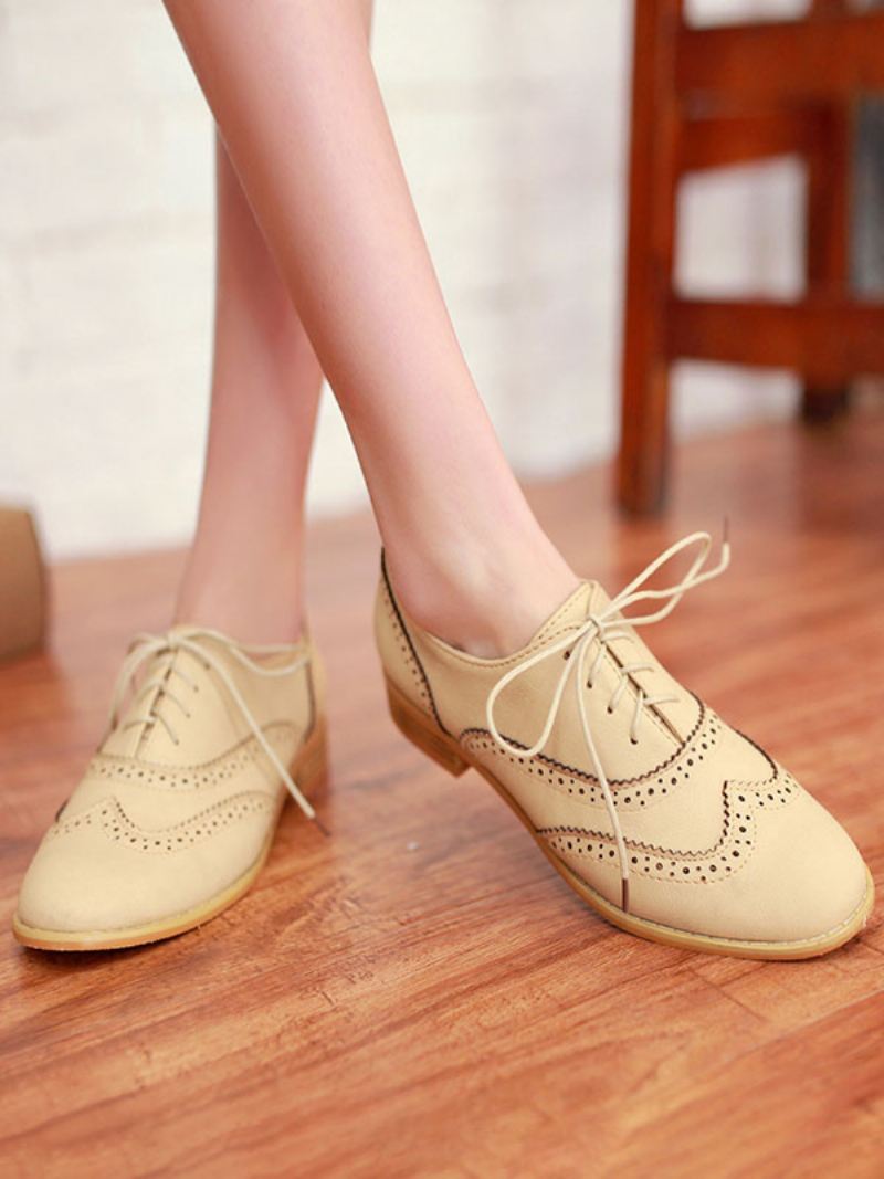 Bruine Casual Oxford-brogues Met Veters Vleugeltip Dames - Beige