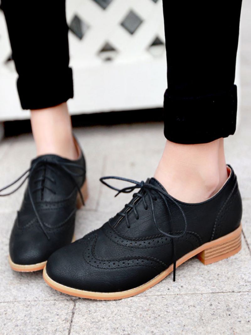 Bruine Casual Oxford-brogues Met Veters Vleugeltip Dames - Zwart