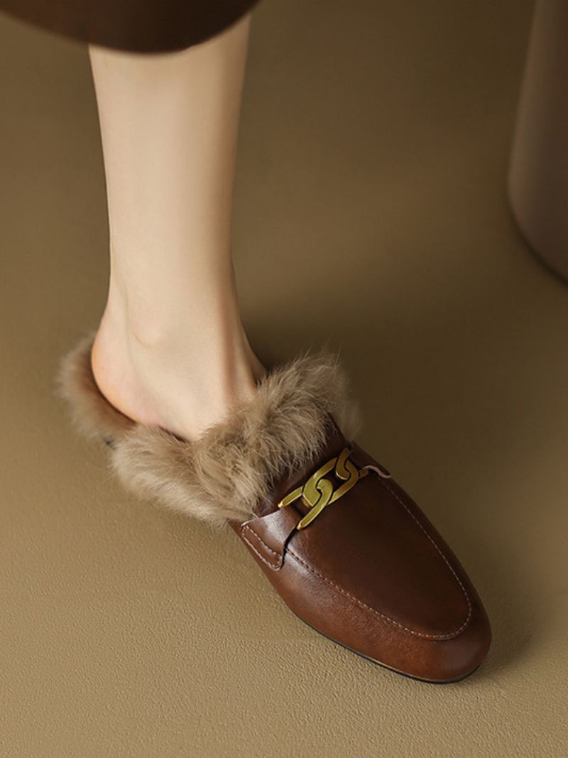 Bruine Dames Muilezelloafers Winterschoenen Met Ronde Neus - Koffiebruin