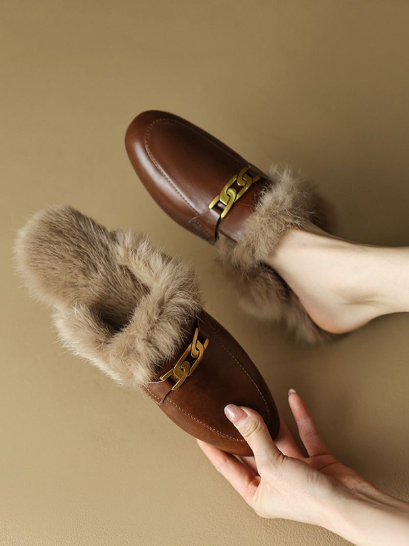 Bruine Dames Muilezelloafers Winterschoenen Met Ronde Neus - Koffiebruin