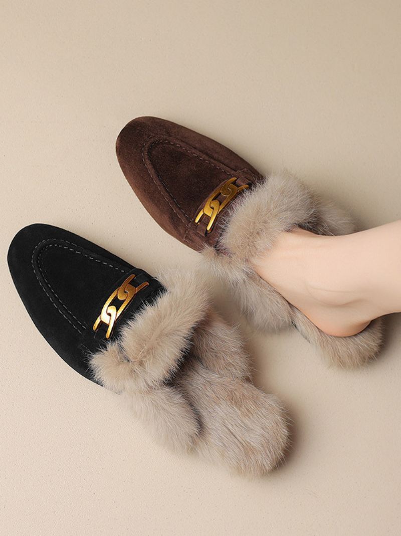 Bruine Dames Muilezelloafers Winterschoenen Met Ronde Neus - Zwart