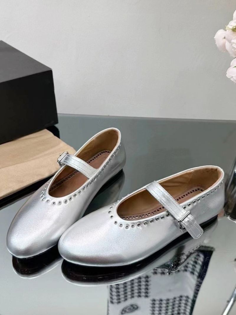 Dames Ballerina Flats Zilveren Mary Jane Met Ronde Neus