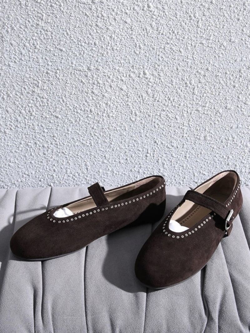 Dames Ballerina Flats Zilveren Mary Jane Met Ronde Neus - Diepbruin