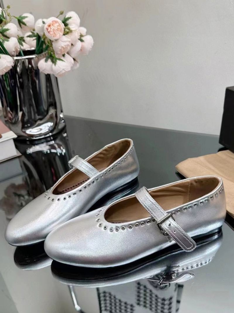 Dames Ballerina Flats Zilveren Mary Jane Met Ronde Neus - Zilver