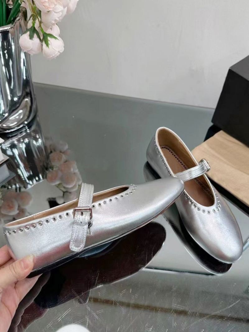 Dames Ballerina Flats Zilveren Mary Jane Met Ronde Neus - Zilver