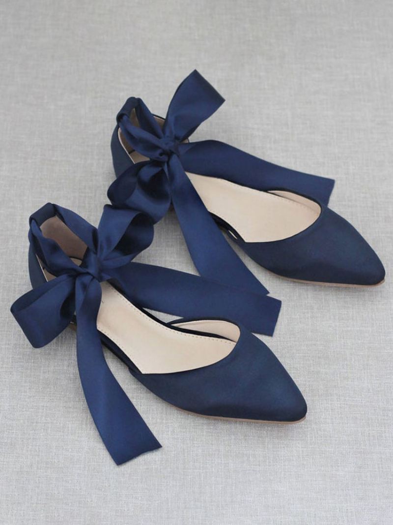 Dames Ballerina's Strikken Puntige Neus Satijn Veterschoenen Eric Witte - Blauw