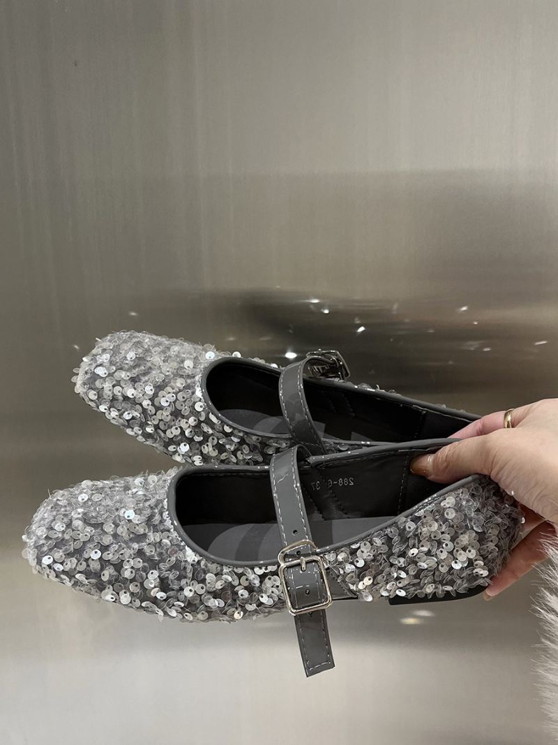 Dames Glitter Ballerina Flats Mary Jane Feestschoenen Met Vierkante Neus