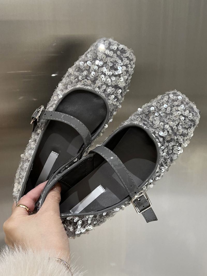 Dames Glitter Ballerina Flats Mary Jane Feestschoenen Met Vierkante Neus - Zilver