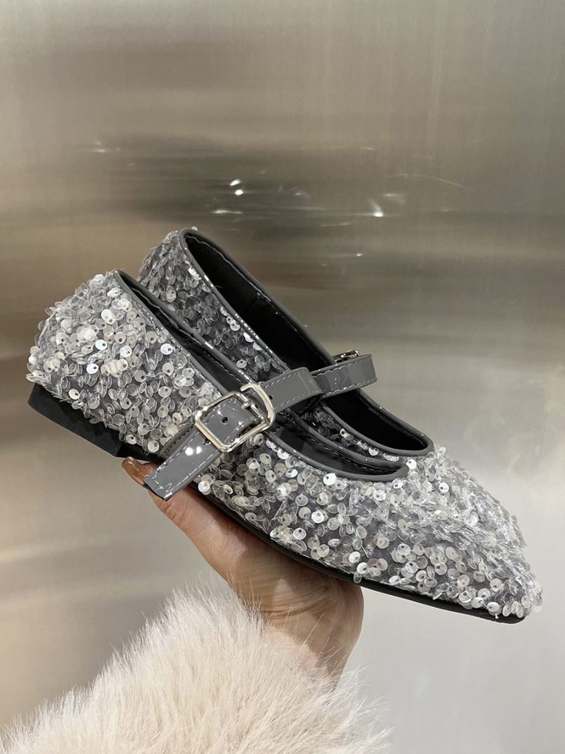 Dames Glitter Ballerina Flats Mary Jane Feestschoenen Met Vierkante Neus - Zilver