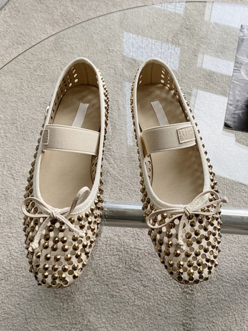 Dames Strass Ballerina's Ronde Neus Mary Jane Flats Met Strik - Goud