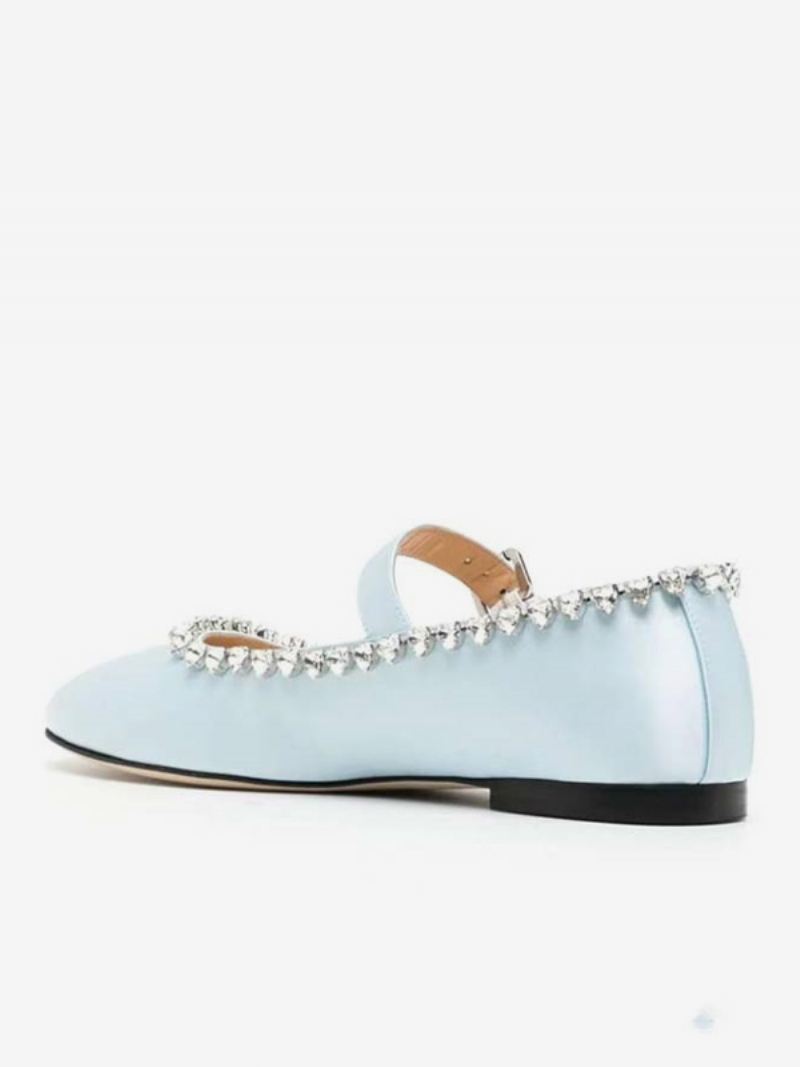 Damesballerina's Met Satijnen Strass Mary Jane Platte Schoenen Ronde Neus - Babyblauw