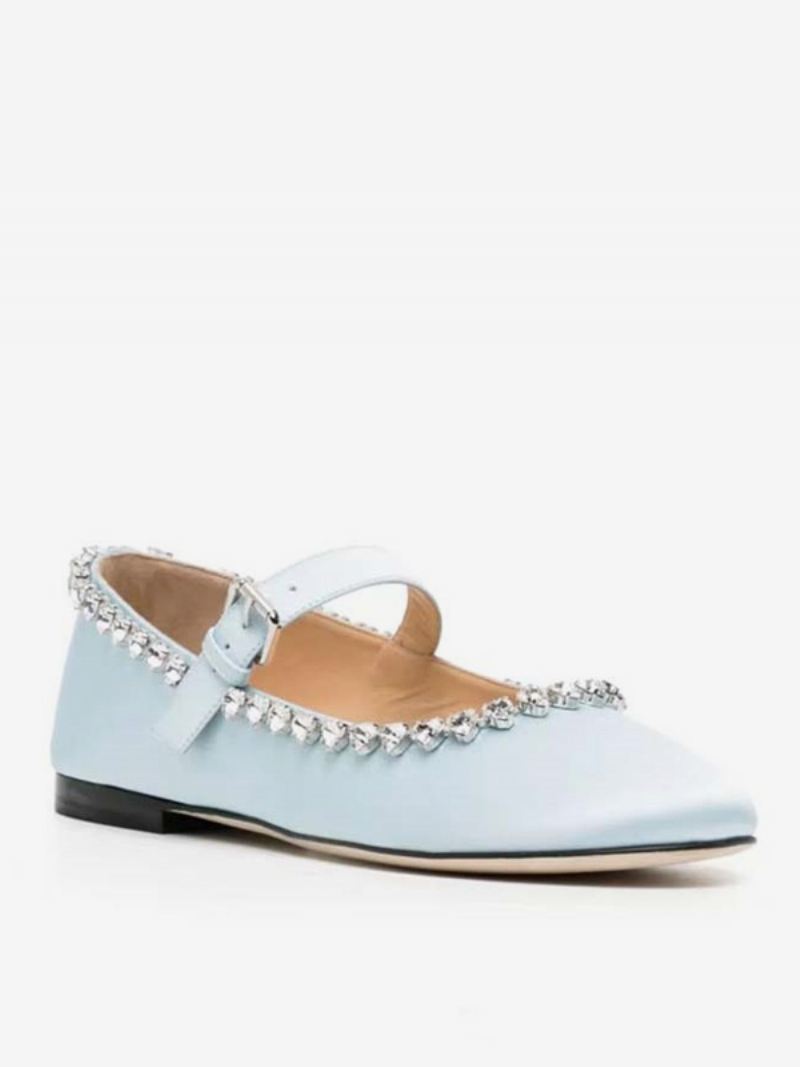 Damesballerina's Met Satijnen Strass Mary Jane Platte Schoenen Ronde Neus - Babyblauw