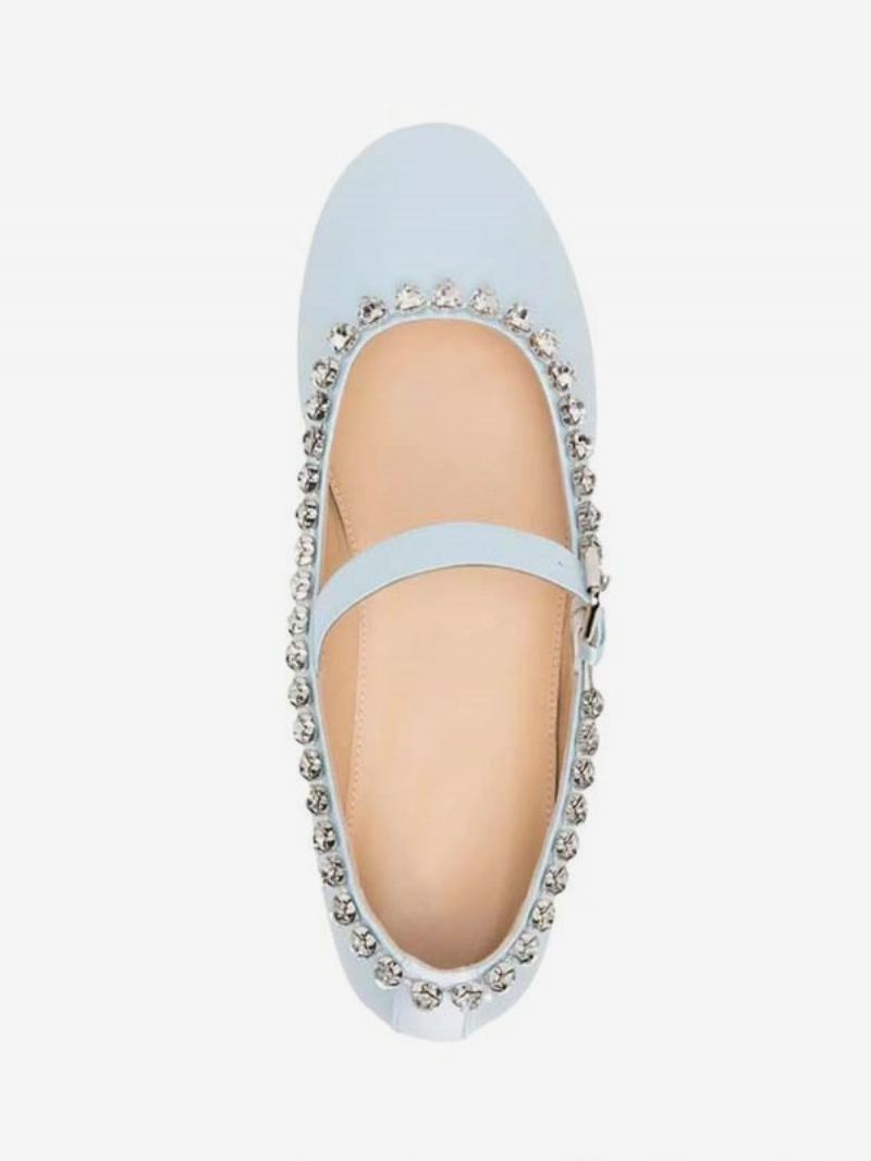 Damesballerina's Met Satijnen Strass Mary Jane Platte Schoenen Ronde Neus - Babyblauw