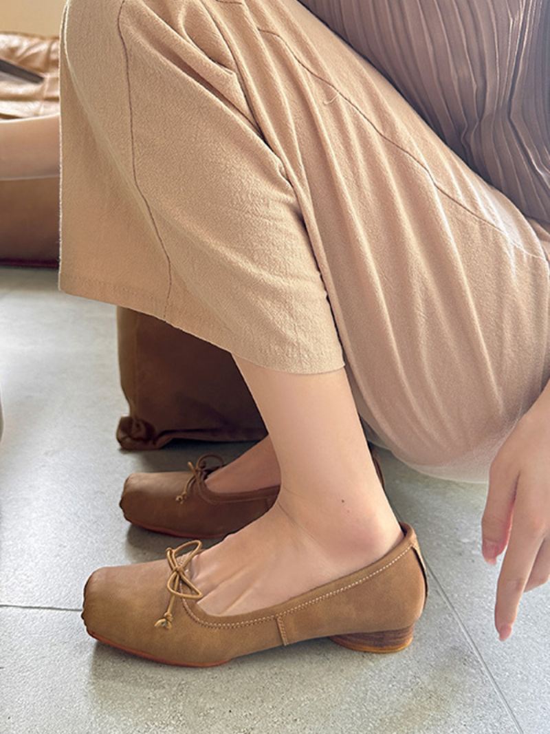 Damesballerina's Platte Schoenen Met Vierkante Neus Strikken - Kaki