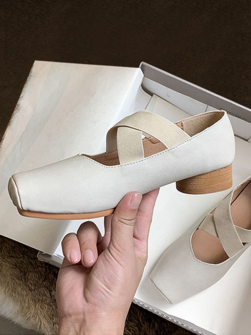 Damesballerina's Vierkante Neus Koeienhuid Criss Cross Ballrina Platte Schoenen - Beige