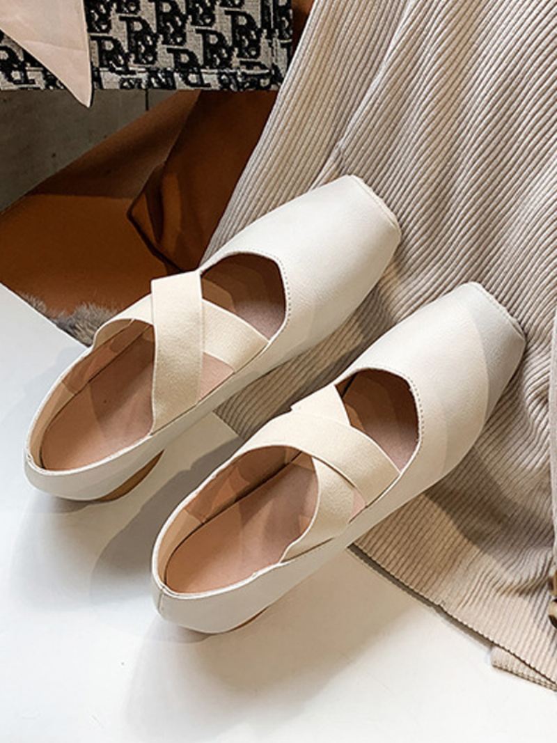 Damesballerina's Vierkante Neus Koeienhuid Criss Cross Ballrina Platte Schoenen - Beige