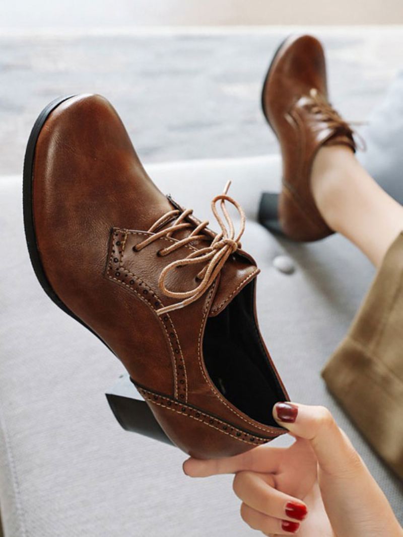 Damesbrogues Met Blokhak Veters - Koffiebruin