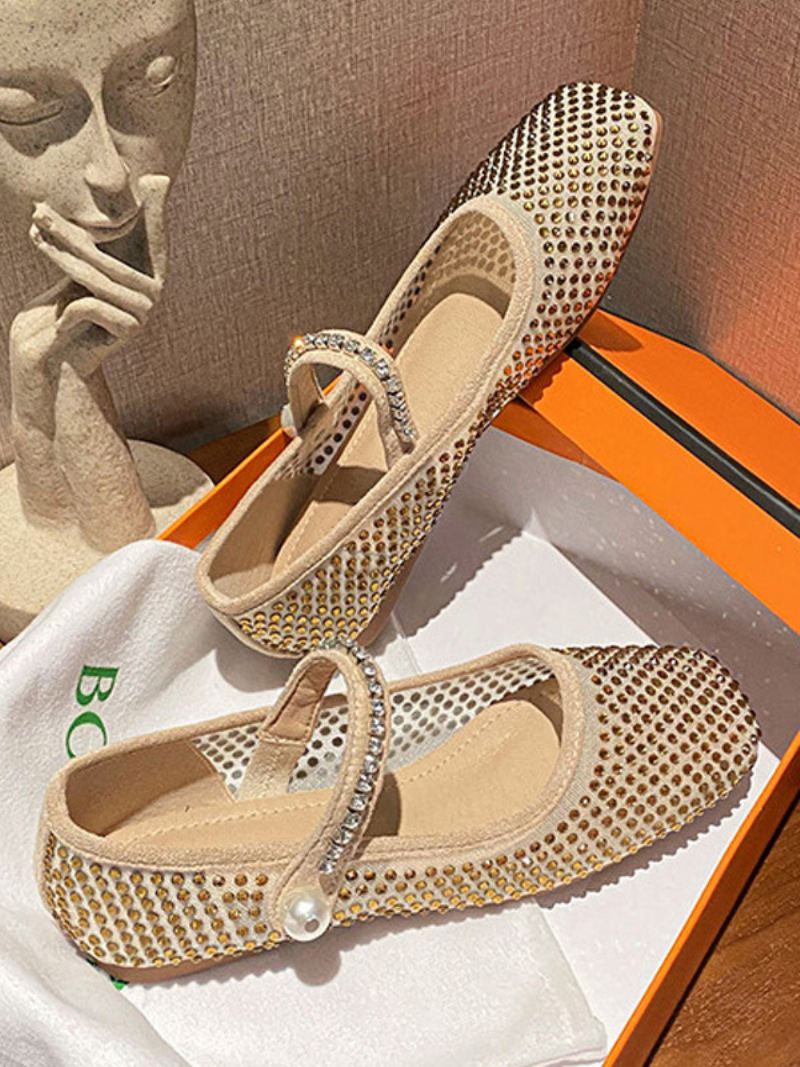 Damesgalaschoenen Met Strass Mary Jane Ballerina's Vierkante Neus - Goud