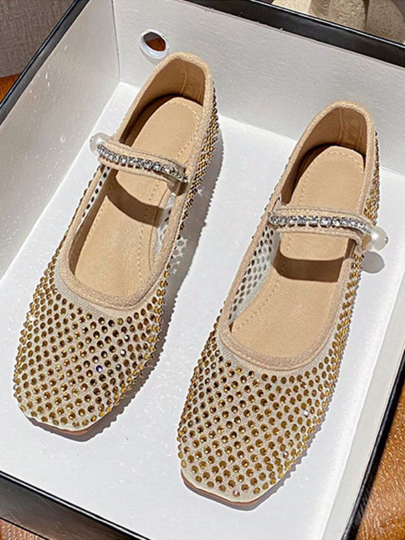 Damesgalaschoenen Met Strass Mary Jane Ballerina's Vierkante Neus - Goud