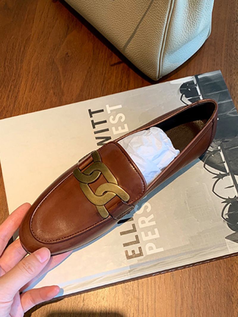 Damesslip-on-loafers Witte Platte Schoenen Met Ronde Neus - Koffiebruin