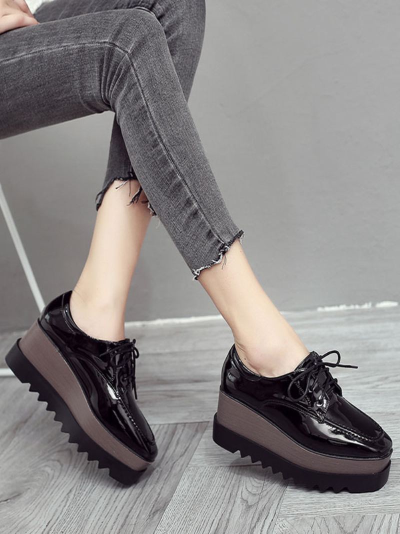 Flatform Oxford-damesschoenen Met Veters Lakleer - Zwart