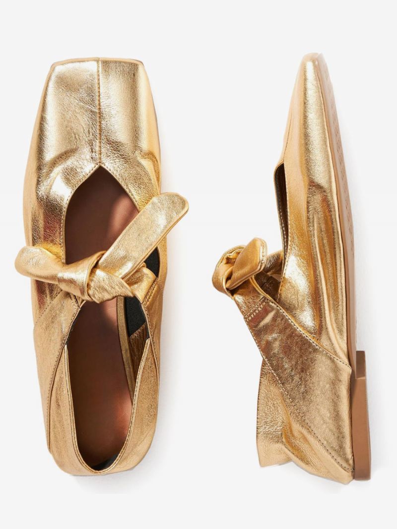 Gouden Balletschoenen Dames Met Vierkante Neus Metallic Geknoopte Details