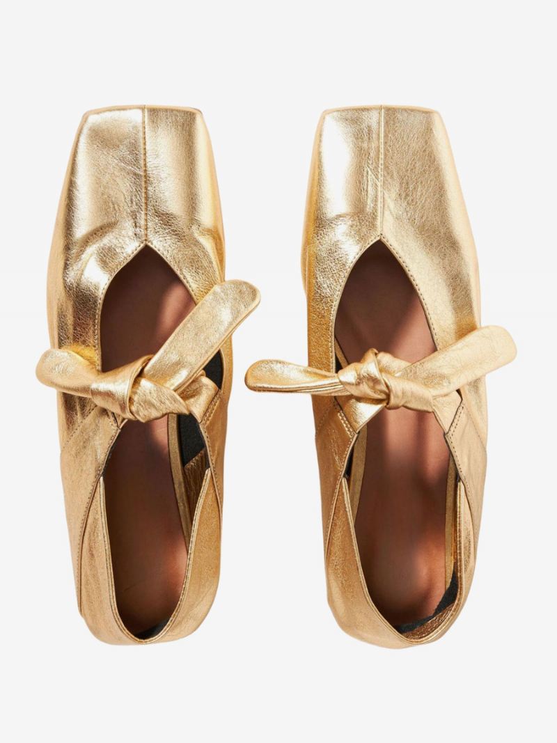 Gouden Balletschoenen Dames Met Vierkante Neus Metallic Geknoopte Details - Goud