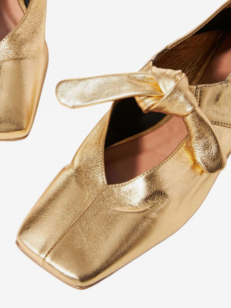 Gouden Balletschoenen Dames Met Vierkante Neus Metallic Geknoopte Details - Goud