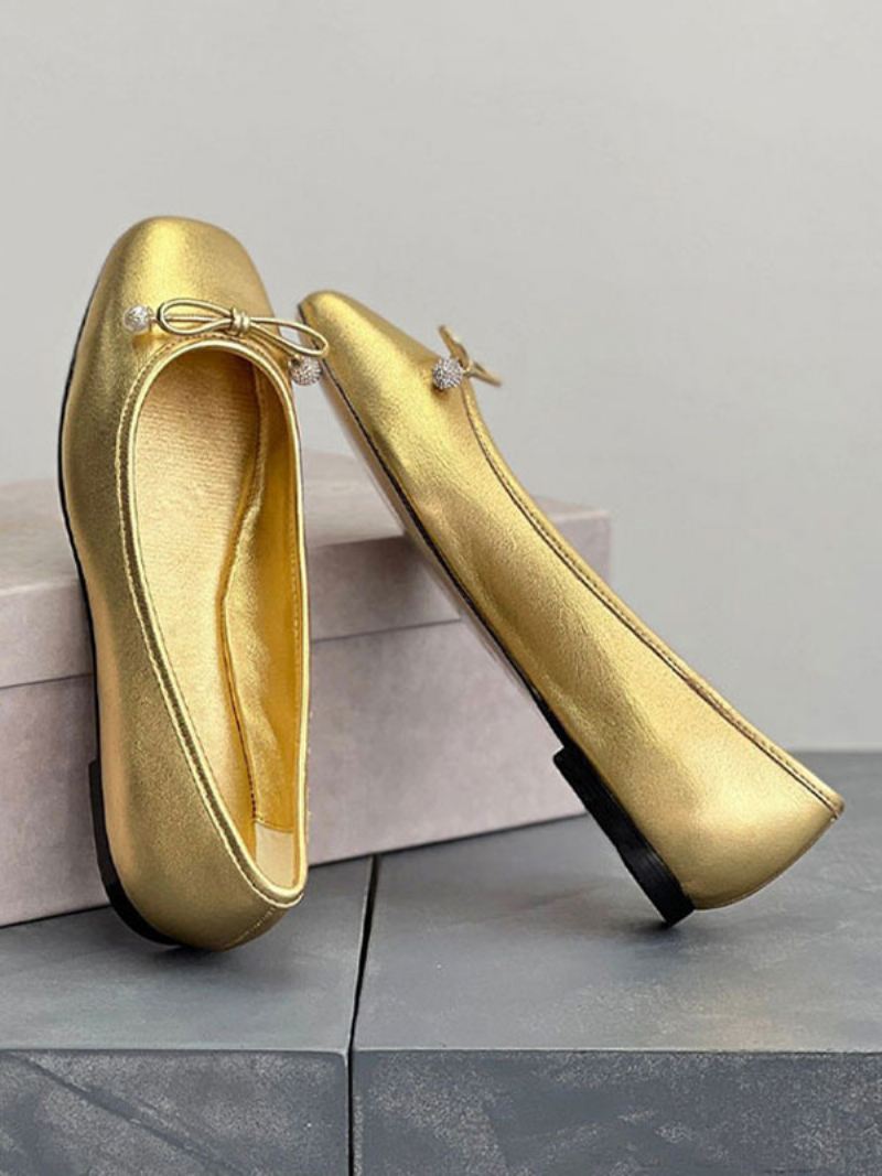 Gouden Balletschoenen Dames Metallic Strik Ronde Neus Instapschoenen