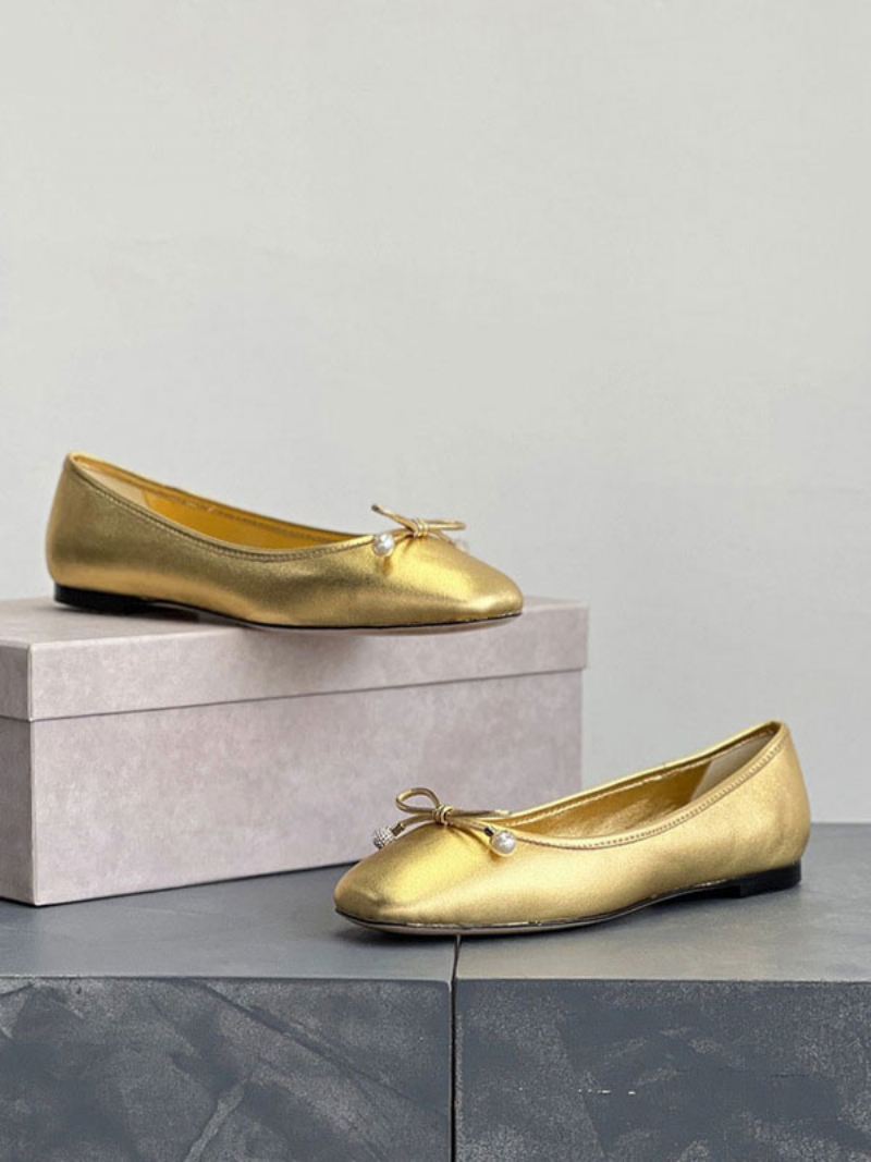 Gouden Balletschoenen Dames Metallic Strik Ronde Neus Instapschoenen - Goud