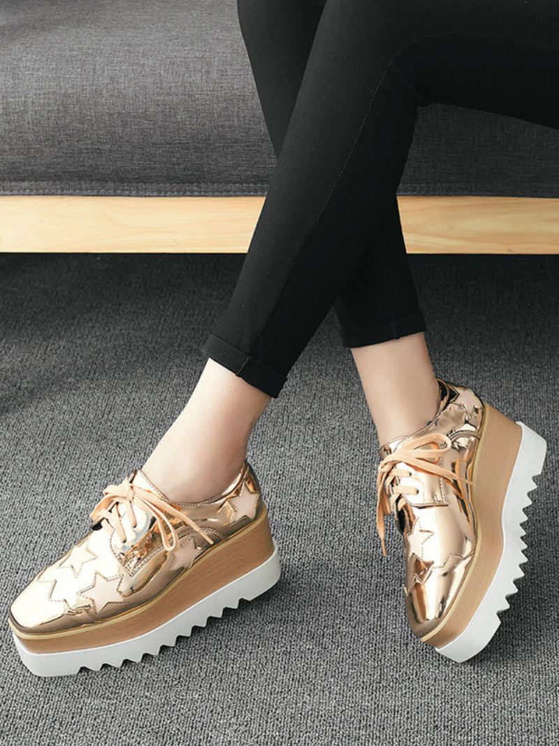 Gouden Oxfords-platformschoenen Met Veters Casual Schoenen Dames