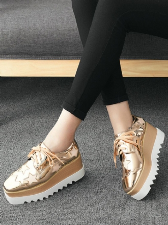 Gouden Oxfords-platformschoenen Met Veters Casual Schoenen Dames