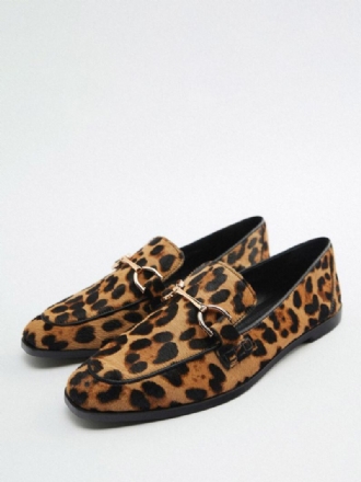 Metalen Details Dames Loafers Met Luipaardprint Plat Paardenhaar