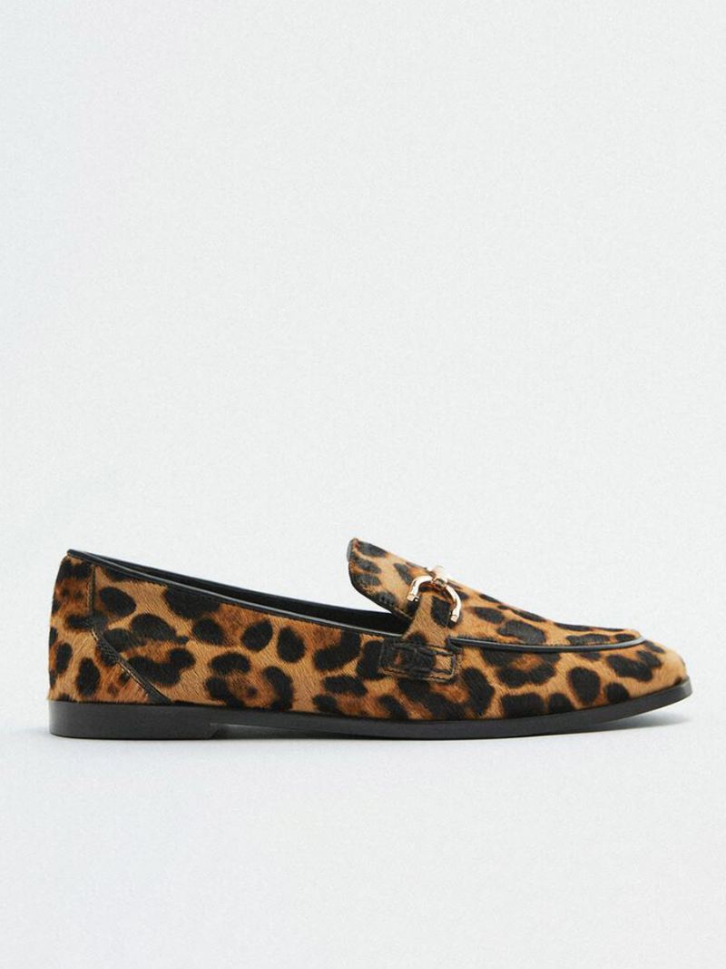 Metalen Details Dames Loafers Met Luipaardprint Plat Paardenhaar - Luipaard