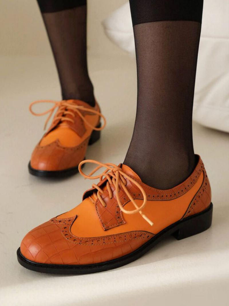 Oxfords Dames Met Ronde Neus Puppyhak Pu-leer - Oranje