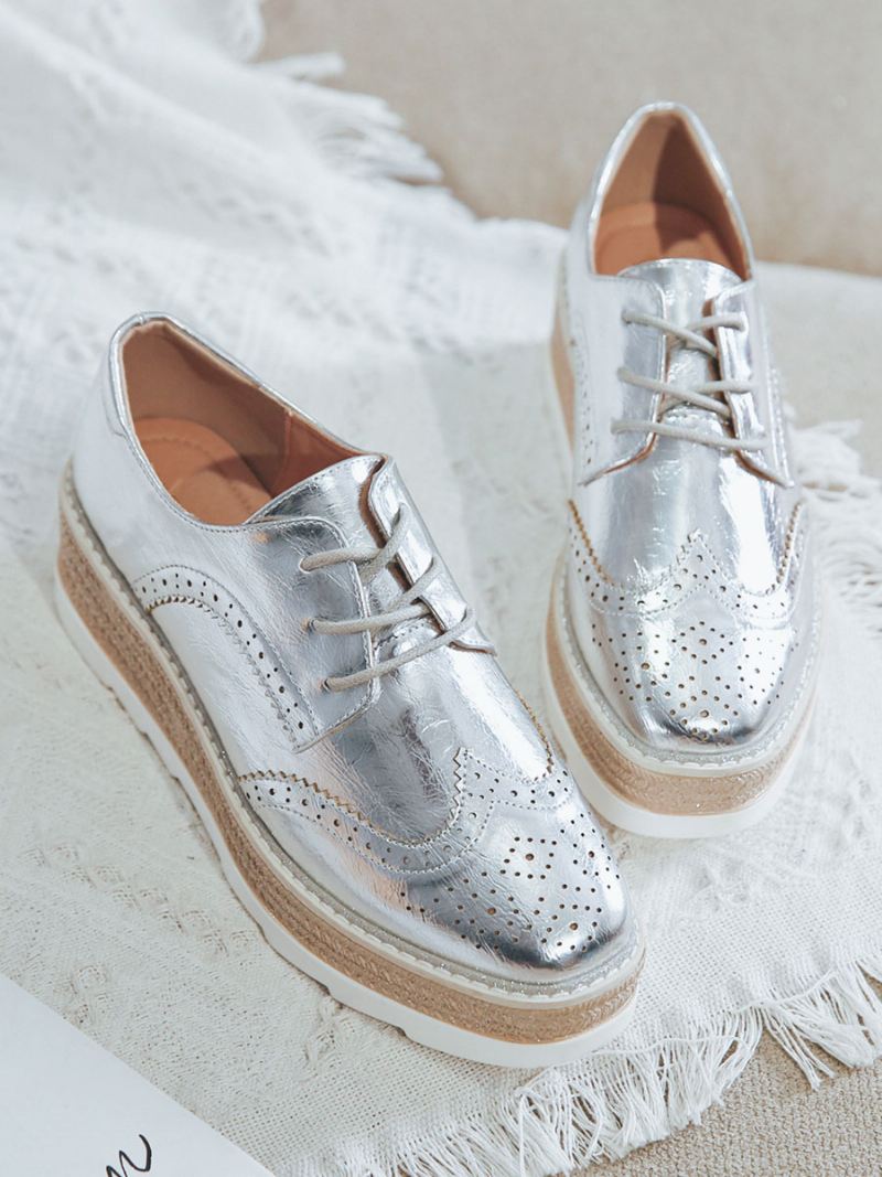 Oxfords Met Ronde Neus Platform Dames Pu-leer - Zilver