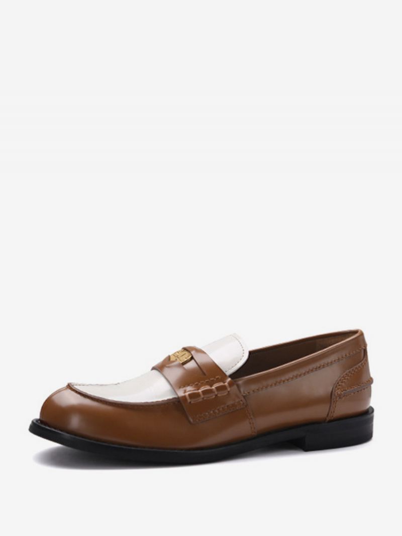 Penny Loafers Dames Met Ronde Neus Platte Instapschoenen - Koffiebruin