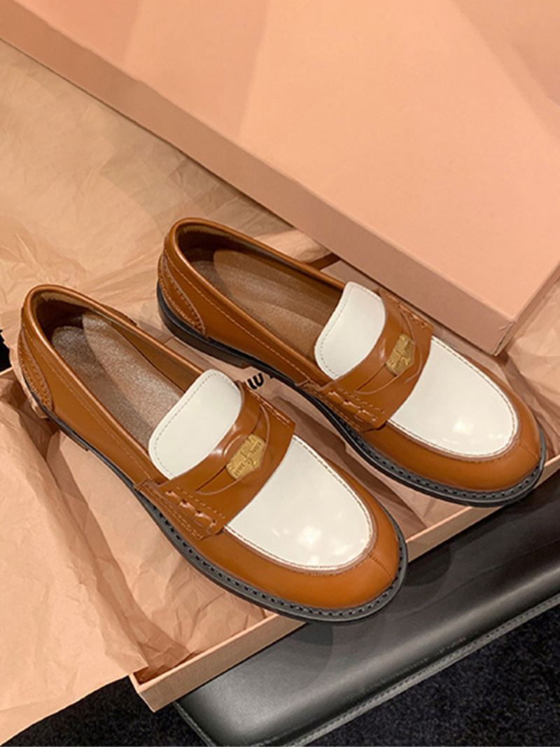 Penny Loafers Dames Met Ronde Neus Platte Instapschoenen - Koffiebruin