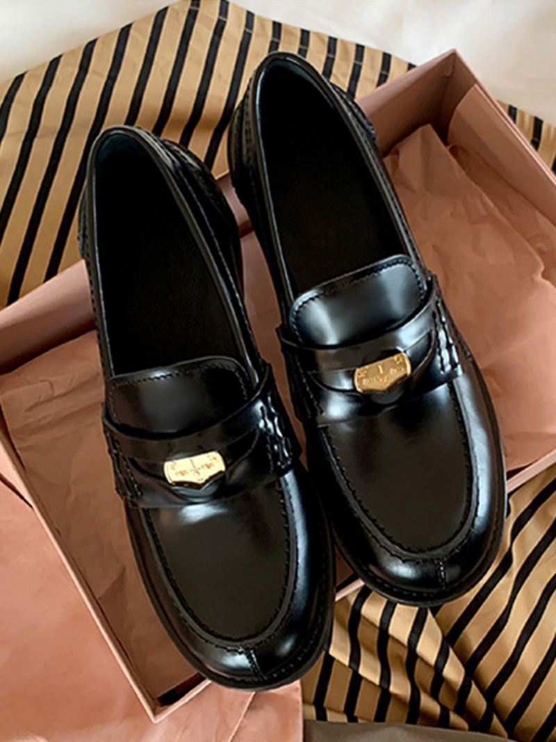 Penny Loafers Dames Met Ronde Neus Platte Instapschoenen - Zwart