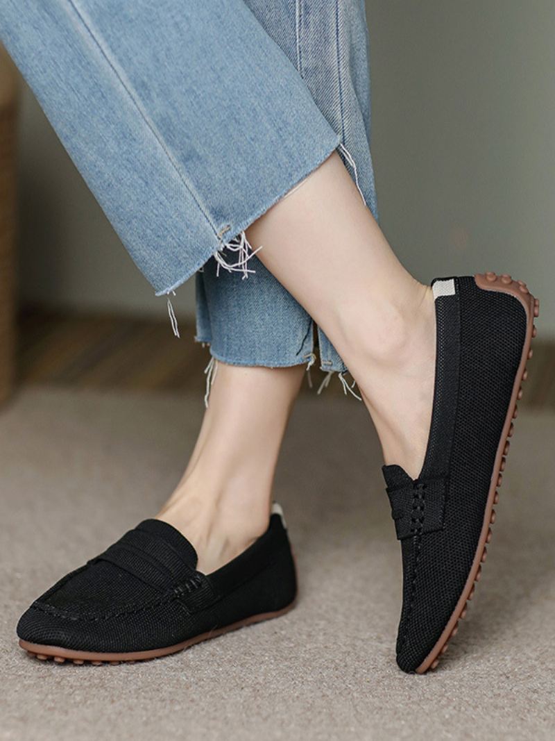 Platte Damesloafers Met Ronde Neus Casual Schoenen - Zwart