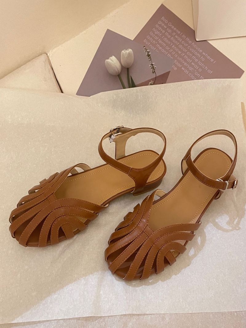 Platte Damessandalen Retro Sandalen Ronde Neus Pu-leren Met Veters